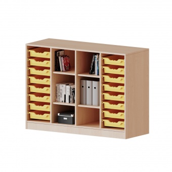 ErgoTray Regal, 4reihig, rechts+links je 8 flache Boxen, mittig 6 offene Fächer, B/H/T138,7x100x40cm 